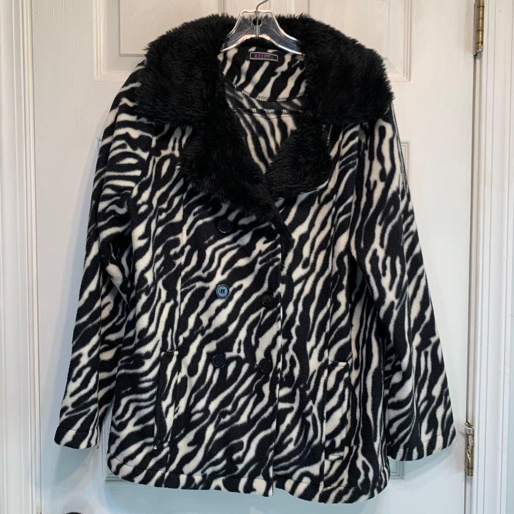 Effeci Woman Pea Coat XL Zebra Print Faux Fur Collar Fleece Mob Wife Maximalist